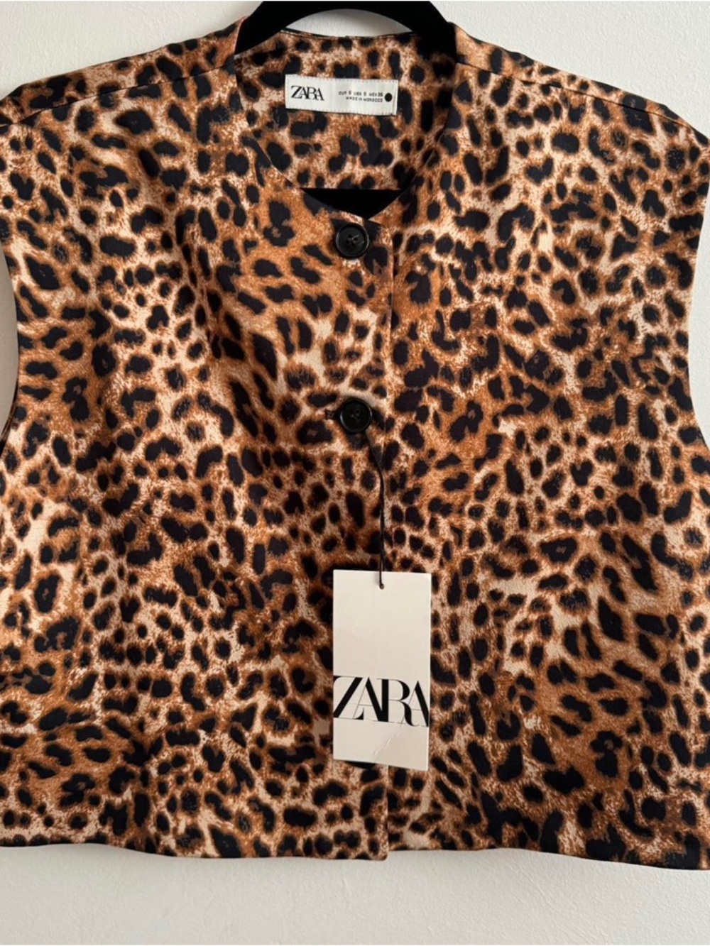 ZARA Leopard-Print Sleeveless Button Vest in Brown & Black
